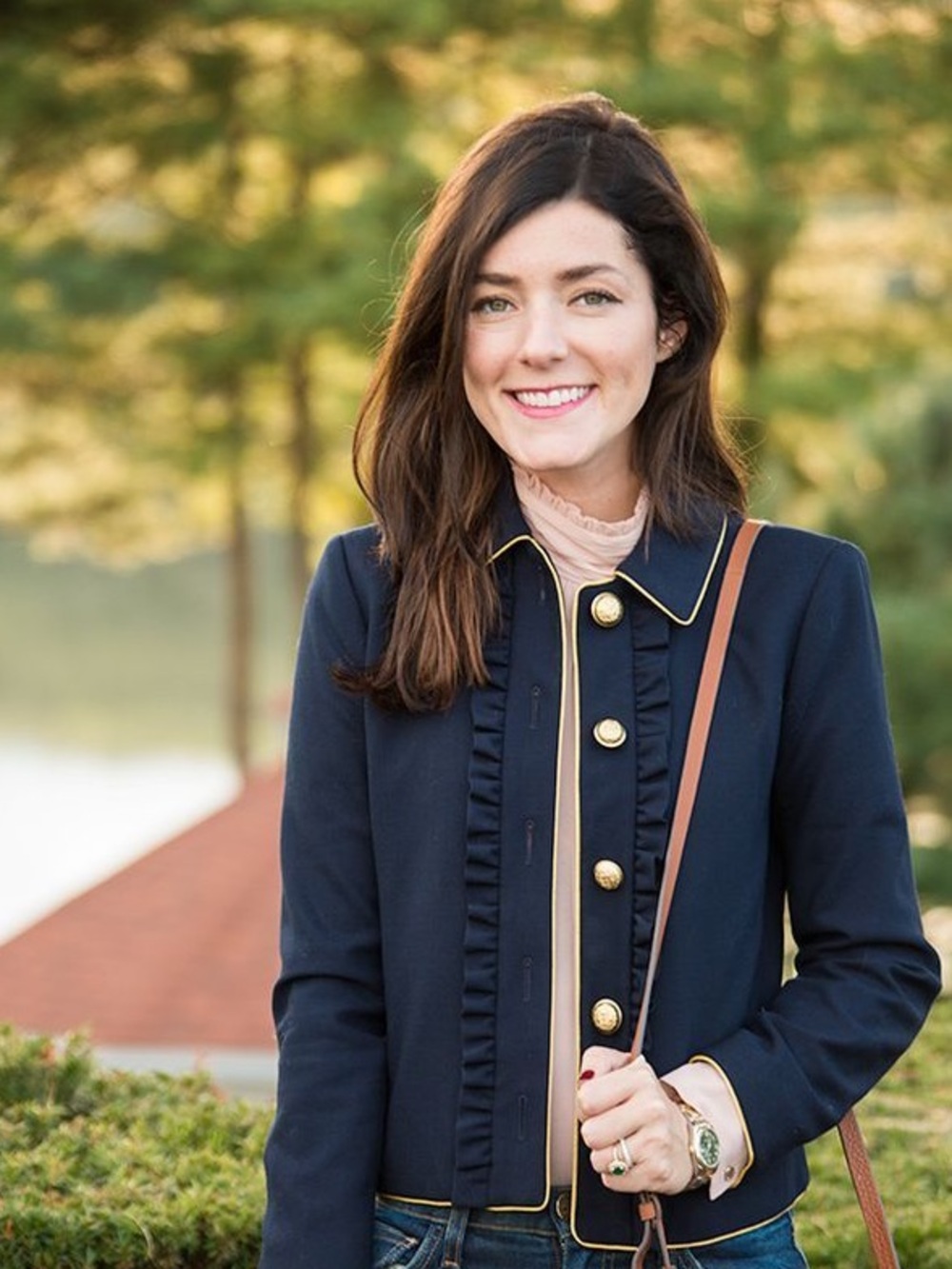 J. Crew Navy Jacket with Gold Trim and Ruffle Front